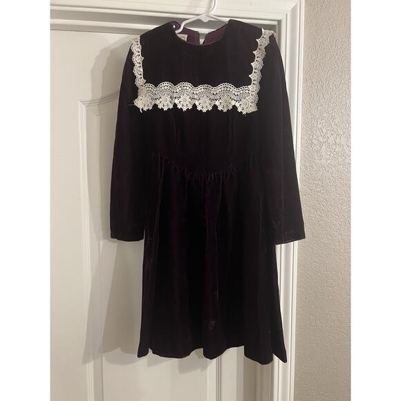 Vintage Gunne Sax Jeunes Filles Plum Velvet Lace Bib Dress Girls Size 7 - Picture 2 of 4